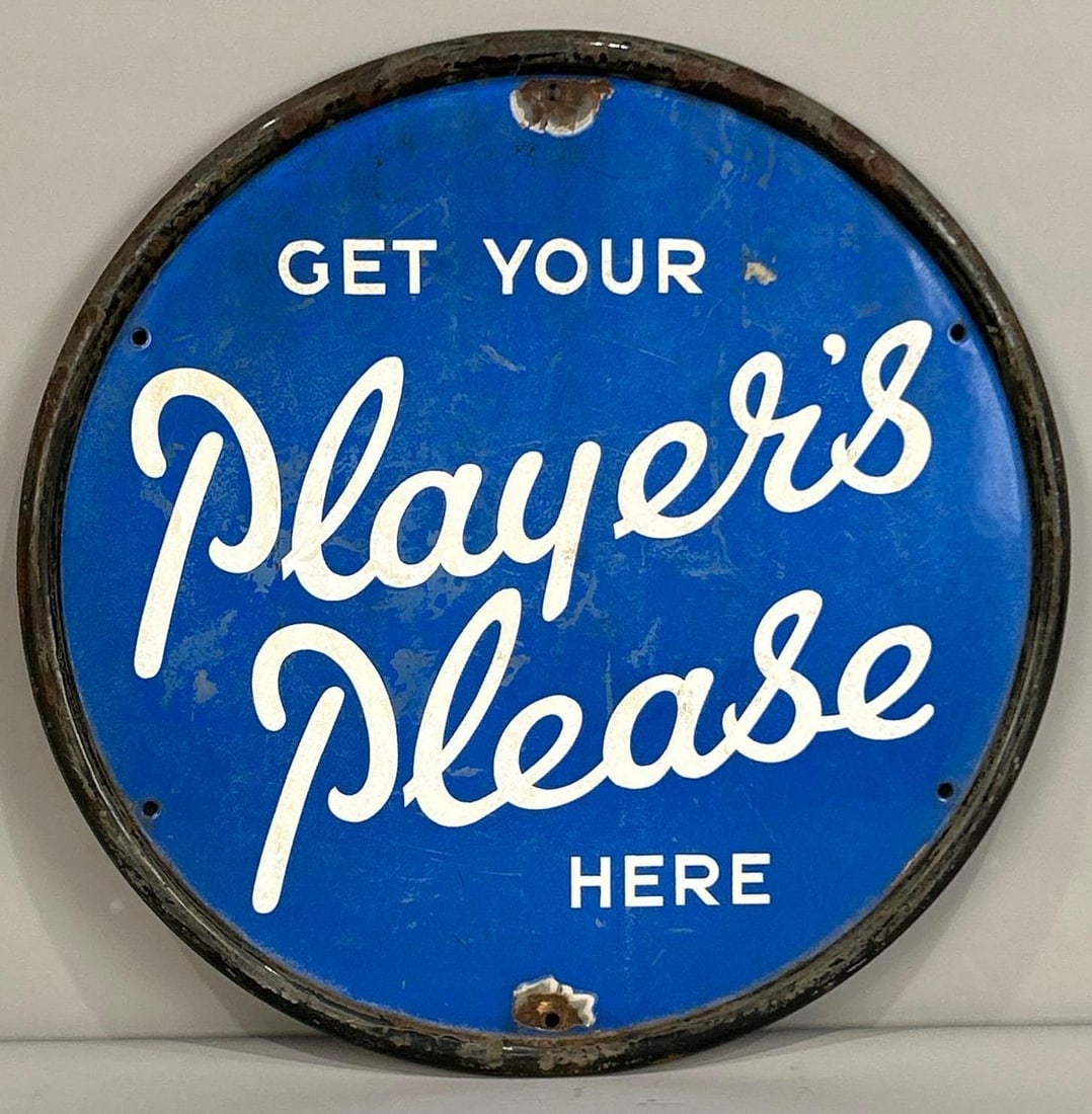 Player's Please Self-Framed Porcelain Sign: (Rated 7.0) 23" dia. This SSP sign has notable oxidation and staining throughout. Sign shows porcelain loss on the mounting holes and outer edge. Rarity 4. TAC # 062491