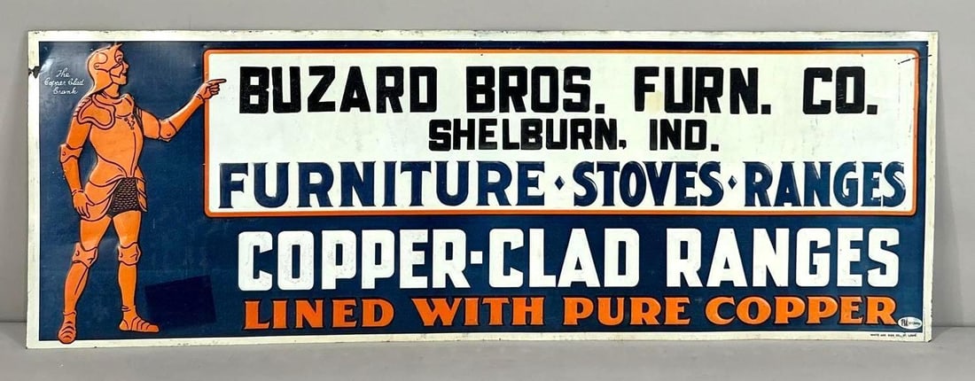 Copper Clad Rangers Lined with Pure Copper Embossed Tin Sign (TAC): rated 8.9, 9.75 x 28", the SST embossed sign has good color and shine, light wear, marked White Adv. Sign St. Louis. TAC #013406
