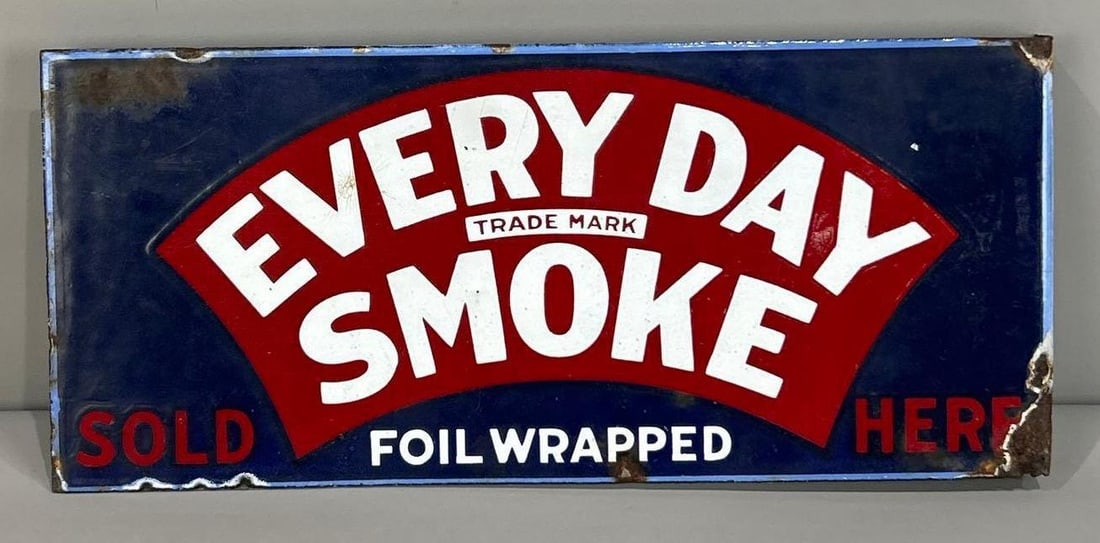 Every Day Smoke Sold Here Porcelain Flange Sign (TAC): rated 7.5, 8"x18", the porcelain sign has wear and fine scratches, chips on the flange. Rarity 3. TAC #062834