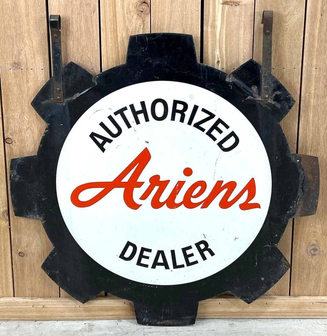 Ariens Authorized Dealer Metal Sign (TAC): rated 7, 35.5"x35.5", the DST die-cut sign has wear, rust and damage. Rarity 4. TAC #062917