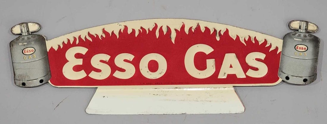 ESSO Gas w/Graphics Small Topper Sign (TAC): rated 8.5, 3.25"x9.5", the SST diecut embossed sign has good color and shine, has light wear and marks. TAC #043046