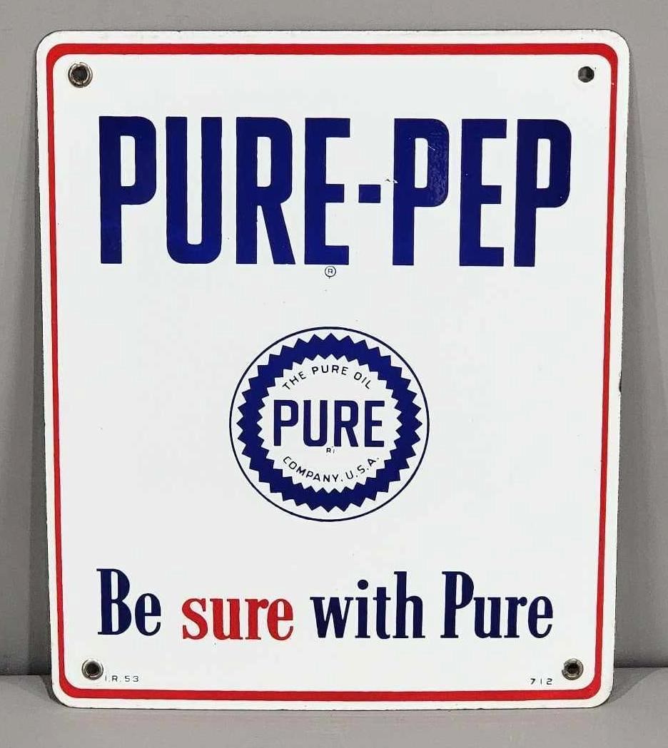 Pure-Pep w/Logo Porcelain Pump Sign (TAC): rated 9c, 12'x10", the SSP sign has excellent color and gloss, tiny flea bite chip, marked I.R., dated 1953. Rarity 1. TAC #063291