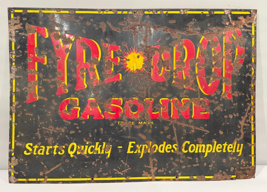 Fyre Drop Gasoline Porcelain Station Sign: rate 5, 28" x 40", the single sided porcelain sign has heavy wear and chips