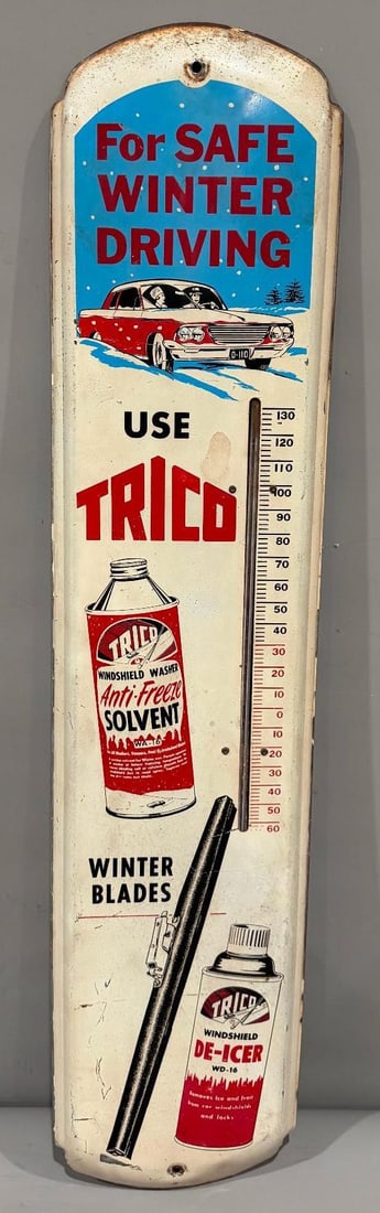Trico Wiper Bladed Metal Thermometer: rate 7.5, 36" x 8.5", the single sided metal thermometer has good color, does show some wear, nice graphics