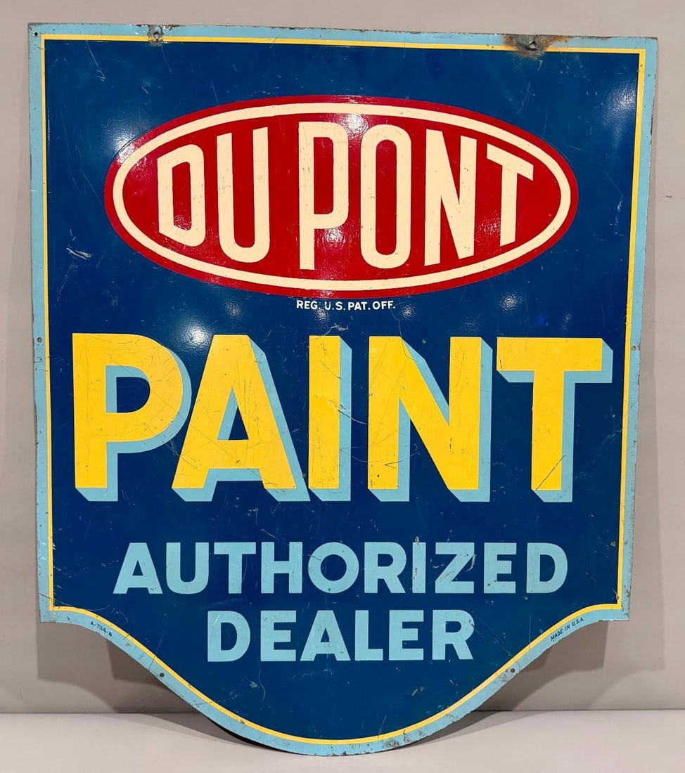 DuPont Paint Authorized Dealer Metal Sign: rate 7.75, 36" x 30", the double sided metal sign has good color and shine, shows some wear and scratches 