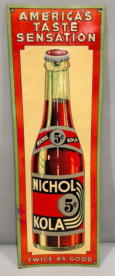 Nichol Kola Metal Country Store Sign: rate 8, 36" x 12", the single sided embossed metal sign has good color and shine, nice bottle graphic 