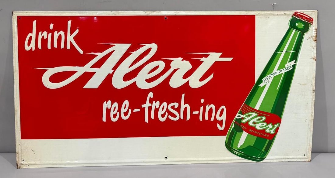 Drink Alert Ree-Fresh-Ing Metal Sign: rate 8.25, 15" x 30", the single sided embossed metal sign has good color and shine, bottle graphic, does show some wear