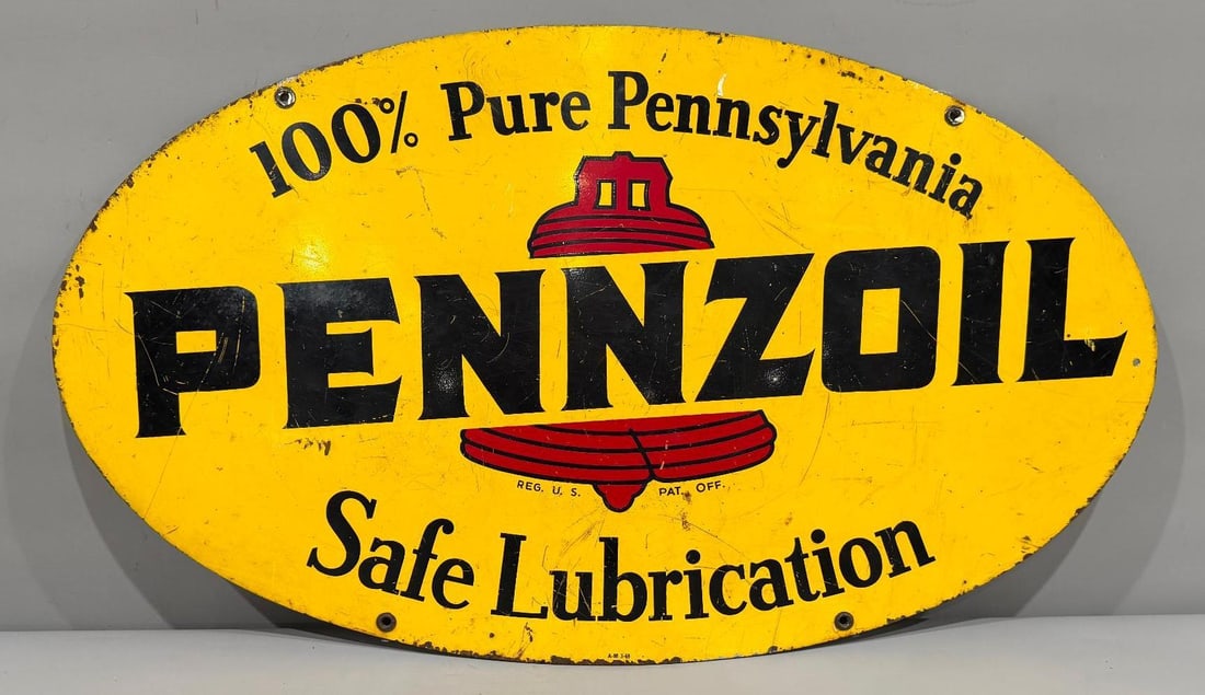 1969 Pennzoil Safe Lubrication: rate 6.9, 18" x 31", the double sided painted metal sign has good color and shine, but does show wear throughout 