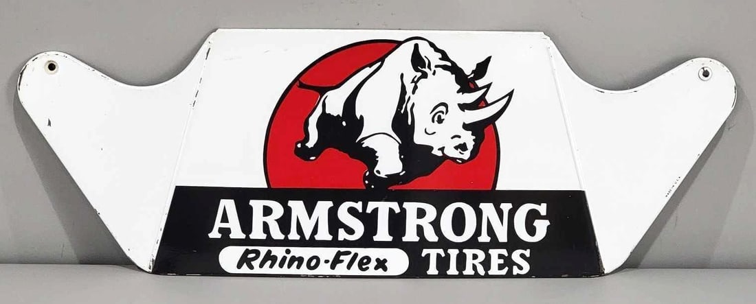 Armstrong Rhino-Flex Tires w/Logo Metal Tire Stand (TAC): rated 9, 7.5"x21.5", the SST diecut sign has good color and shine, has light wear. Rarity 3. TAC #063312