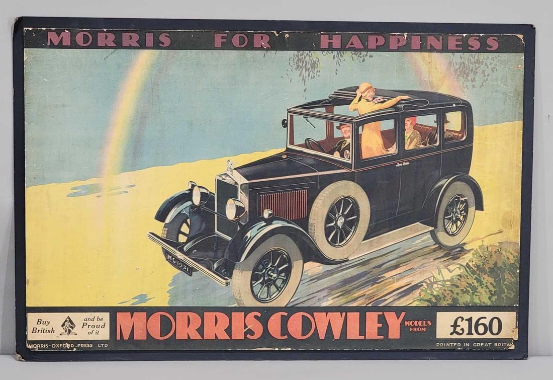 Morris Cowley (auto) Cardboard Sign: rated 7.25, 21.5"x33.5", the single-sided cardboard sign has good color, has soiling and wear, mounted on another piece of cardboard.