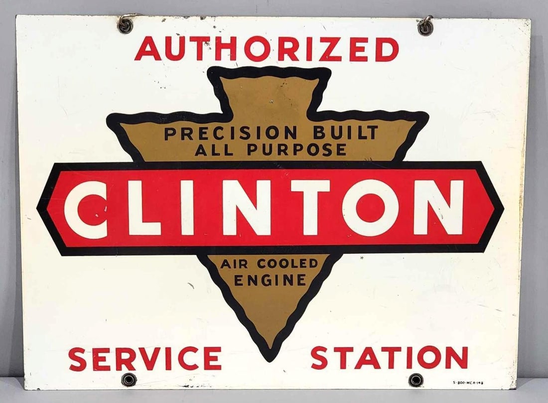 Clinton Authorized Service Station w/Logo Metal Sign (TAC): ratd 8.5 & 8, 18"x24", the DST sign has good color and shine, display has wear, reverse has more. Rarity 1. TAC #063315