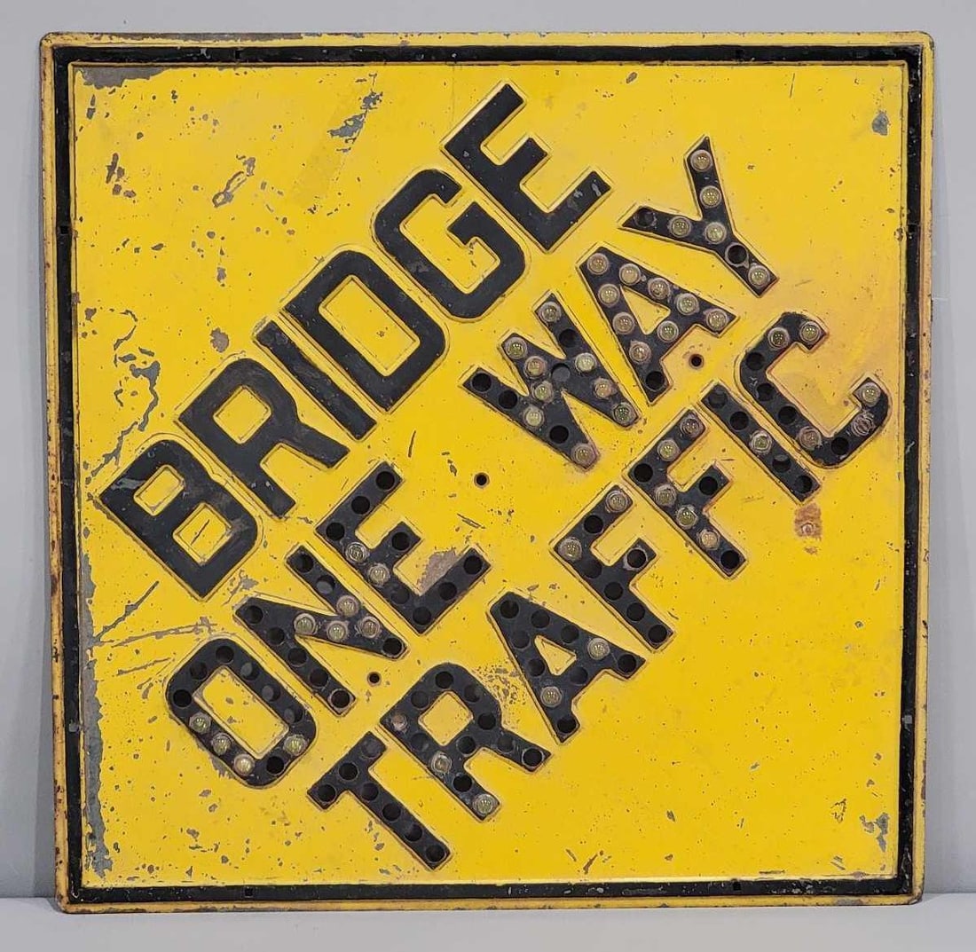 Bridge One Way Traffic Metal Sign w/Glass Jewels: rated 7, 33.5"x33.5", the SST has wear and scratches, is missing several glass jewels.