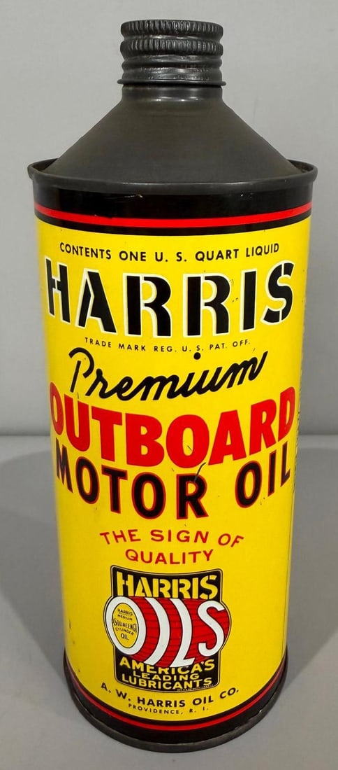 Harris Outboard Motor Oil Metal Cone Top Can: rate 8.9, the metal quart cone top can has excellent color and shine, shows only minor wear, clean can