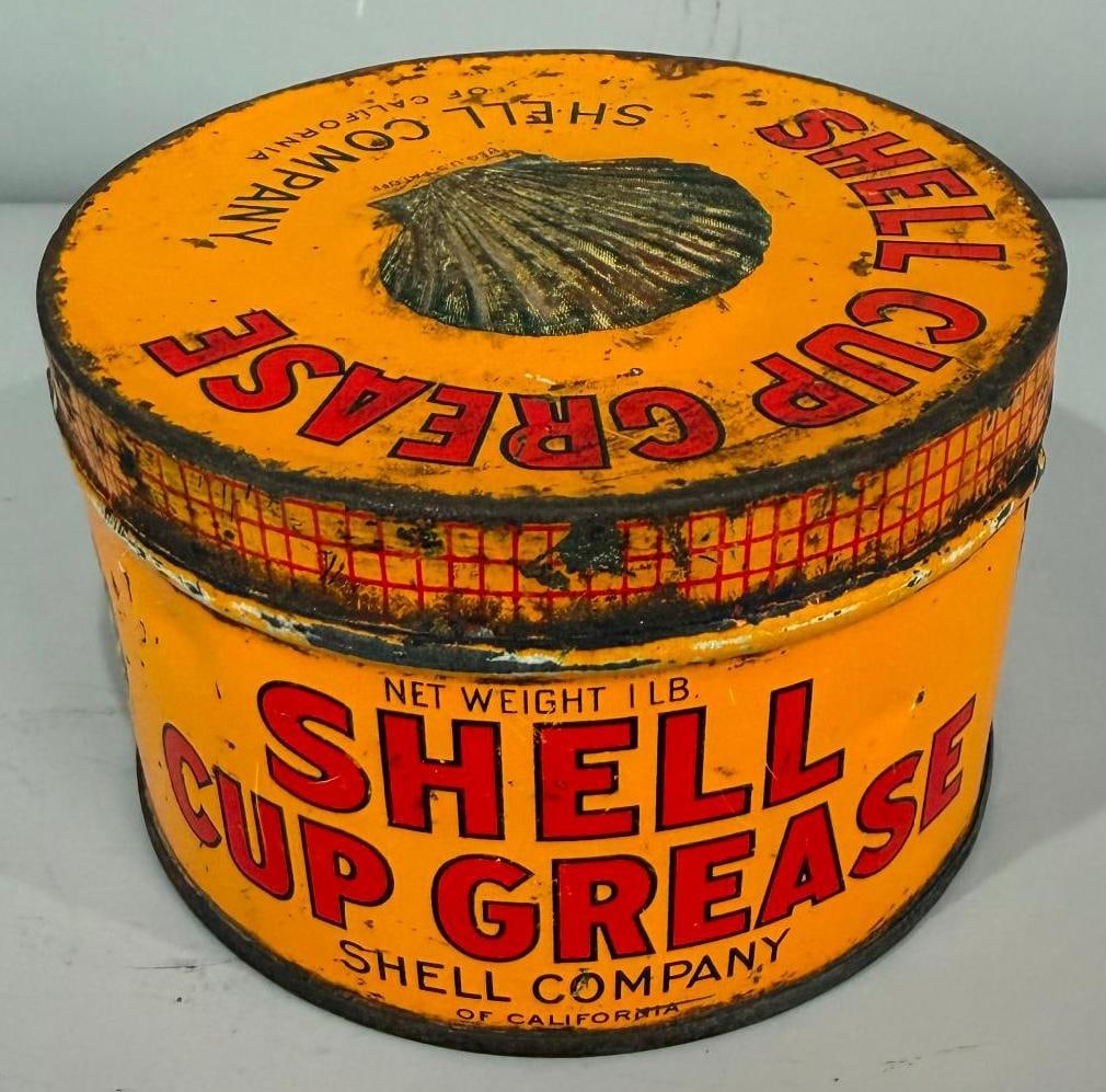 Shell Cup Grease Metal Can: rate 6.9, the one pound metal grease can has good color, but does show wear from age and use