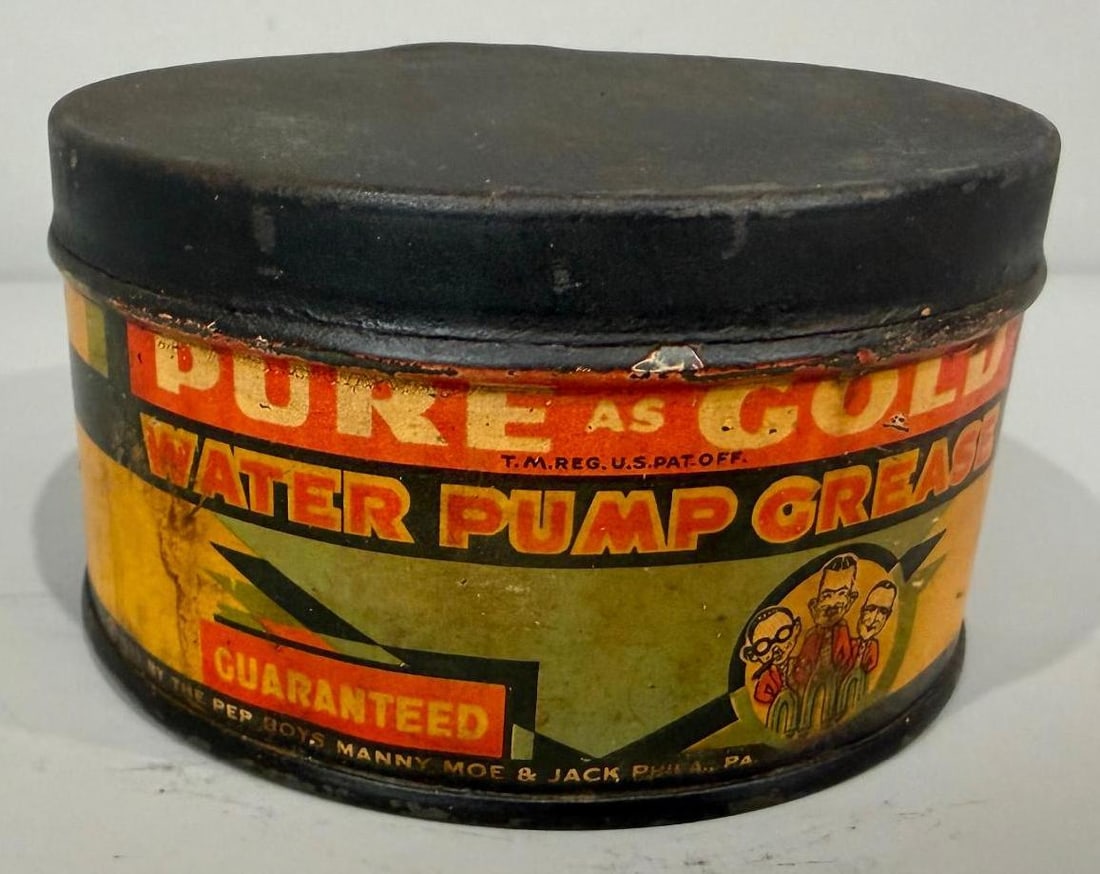Pep Boys Metal Grease Can: rate 6.5, the one pound metal grease can shows soiling and age