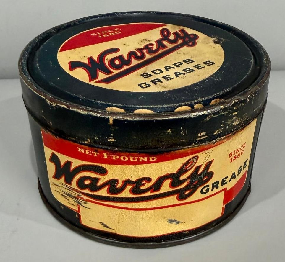 Waverly Metal Grease Can: rate 7.9, the one pound metal grease can has good color, but does show wear, is empty