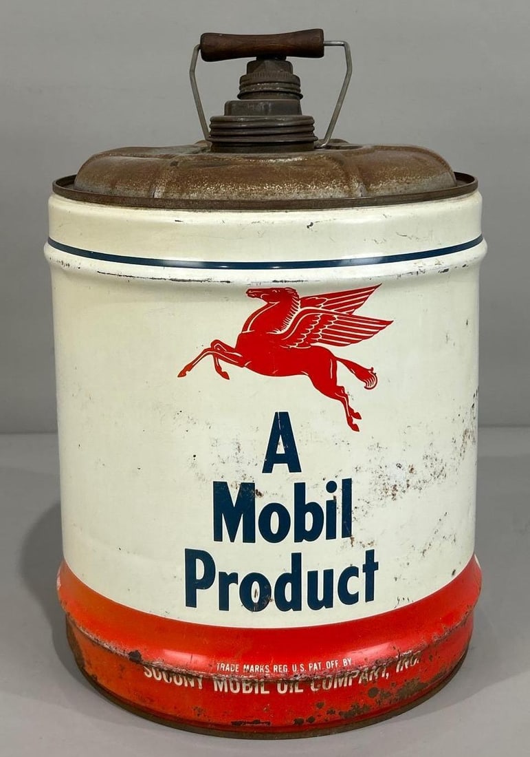 Mobil Product w/Pegasus Five Gallon Can: rated 7.5, five gallon can has good color, has wear and scratches is empty. 