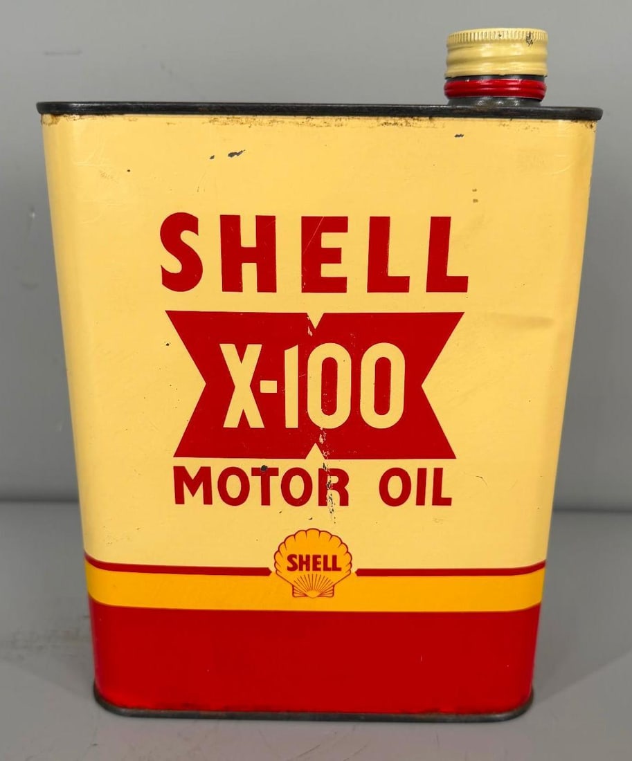Shell X-100 Motor Oil Metal Can: rate 8.75, the one gallon metal can has great color and shine, only shows some minor scuffs