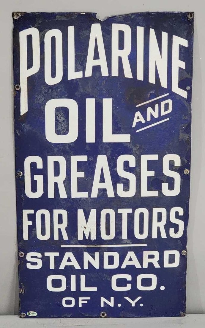 Polarine Oil & Greases for Motors Porcelain Sign (TAC): rated 6, 21.75"x12", the SSP sign, has no gloss, blue is caulky and touched up chips, Rarity 5. TAC #042481