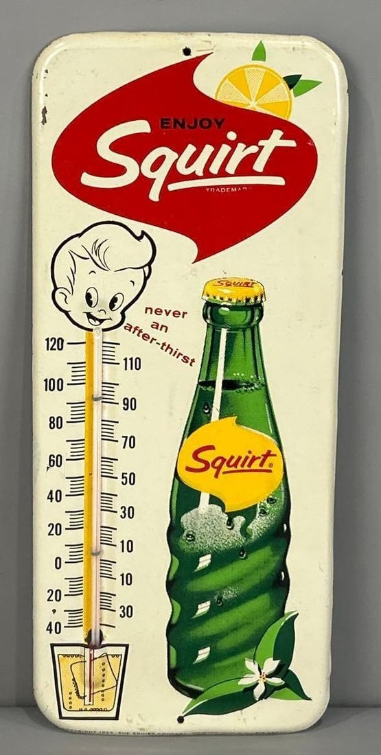 Enjoy Squirt Embossed Tin Thermometer W/ Bottle Graphic: Rated 8.9. 6" x 14". This SST thermometer sign has excellent color and shine with only limited surface staining in the field. Outer edge and hanging holes have paint loss. Marked, "MT-13A&