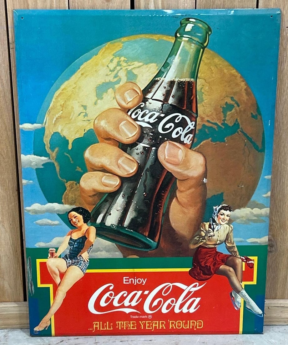 Enjoy Coca-Cola "All The Year Round" Metal Sign: rated 8, 33"x25", the SST cardboard sign has good color and shine, has wear and scratches.