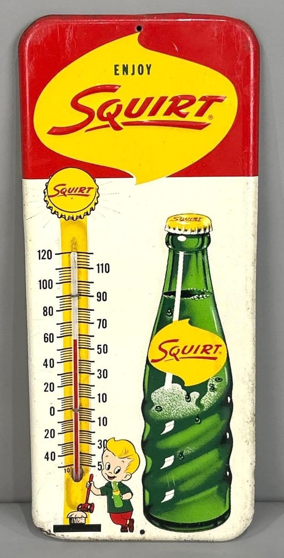 Enjoy Squirt Tin Thermometer Sign W/ Strength Tester Graphic: Rated 8.25. 6" x 13.5". This SST thermometer has good color and gloss with notable surface staining in the field. Sign displays heavier wear on the outer edges. Marked, " The Squirt Co." Rarity 4. TAC