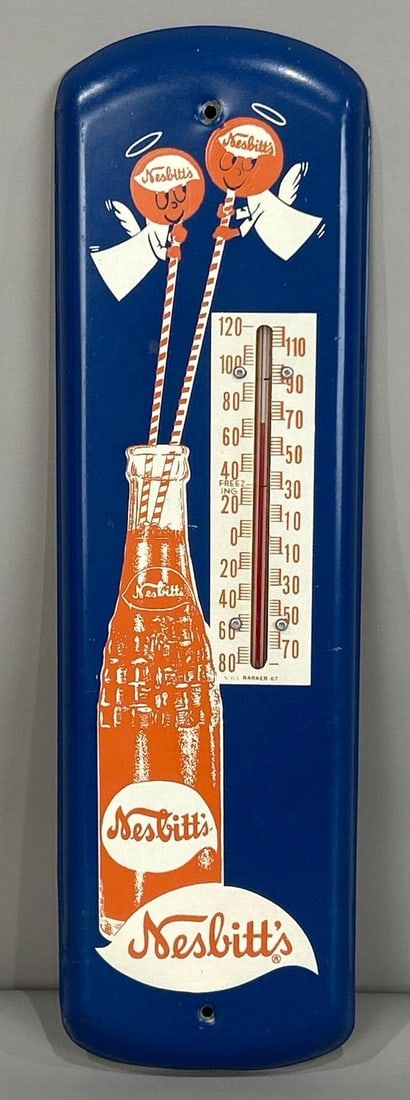 Nesbitt's orange Soda Tin Thermometer Sign W/ Bottle Graphic: Rated 8.9. 5" x 17". This SST thermometer has very light pin point sized paint chips in the field. Sign also has paint loss at hanging holes. Tube working. Marked, "Barker 67". Rarity 3. TAC # 061960.