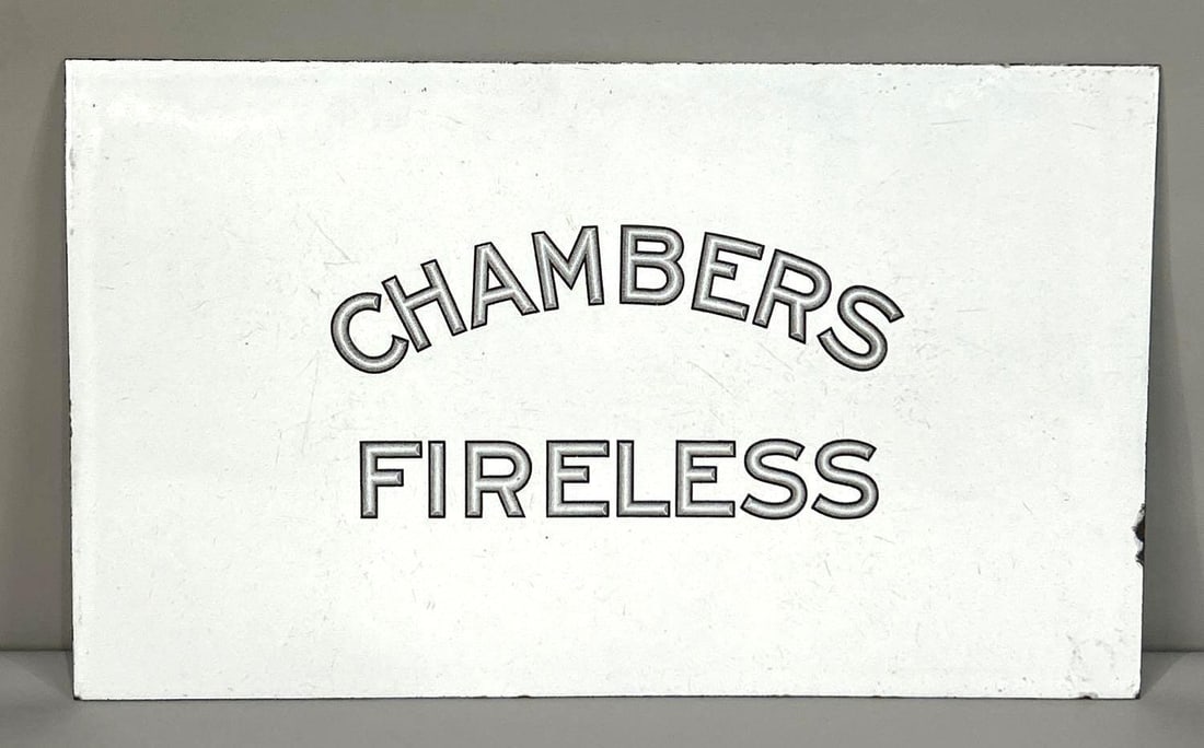Unique Chambers Fireless Porcelain Sign W/ Lithographed Lettering: Rated 9.0. 10.5" x 17.25". This SSP has strong color and gloss with moderate surface scratching and staining throughout both fields. Outer edge shows minor porcelain loss. Rarity 8. TAC # 061995.