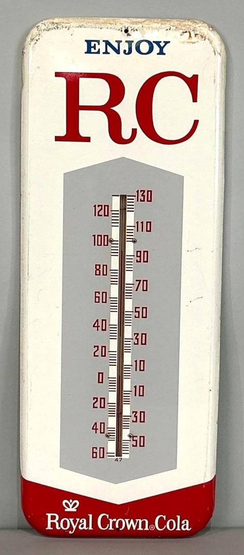 Royal Crown Cola Thermometer: Rated 8.25. 10" x 26". This SST thermometer has good color and shine throughout the field, showing light wear at the top edge. therm is working. Rarity 2. TAC # 061819.