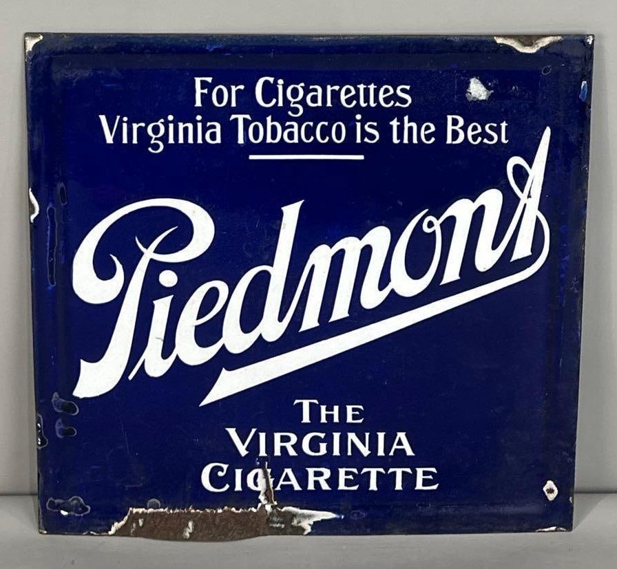 Piedmont Double-Sided Porcelain Sign.: (Rated 8.0, 8.0). 11.5" x 11.5". This DSP sign attached to a wood chair originally. Sign has good color and gloss with minor surface staining and heavier surface scratching in the field. Outer edge