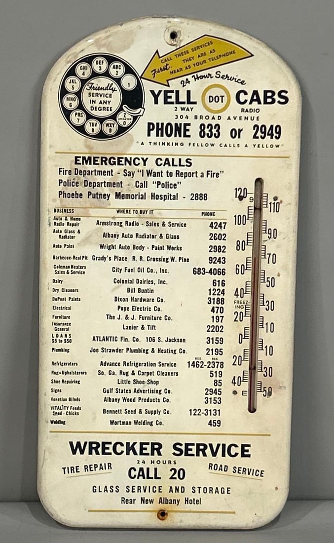 Yellow Dot Cabs Wrecker Service Thermometer: (Rated 7.75). 7.75" x 15.25". This single sided aluminum thermometer has significant fade throughout. Sign shows other surface stains and scratches along the outer edge. Tube working. Rarity 5. TAC #