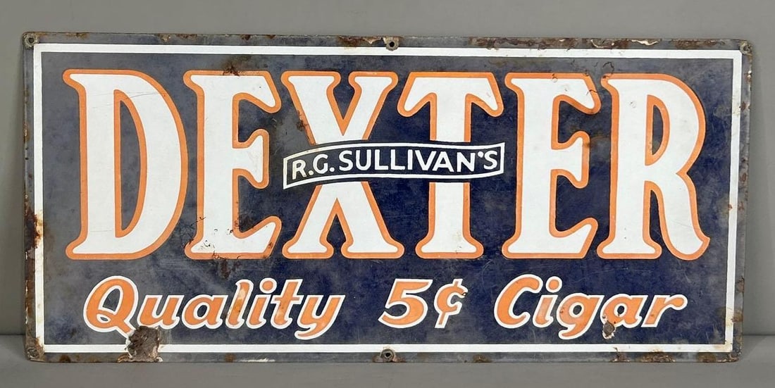 Dexter Quality 5¢ Cigar Single-Sided Porcelain Sign: (Rated 6.0). 10.5" x 23". This SSp sign has significant fade throughout the entire piece. Sign also has porcelain loss on the outer edge. Rarity 3. TAC # 062286