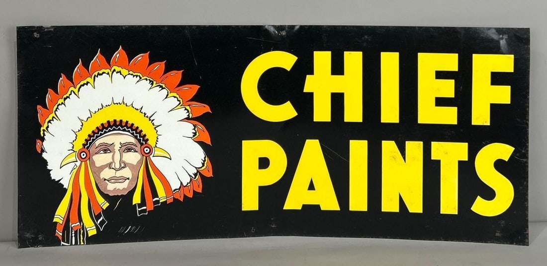 Chiefs Paints Double-Sided Tin Sign W/ Native American Graphic: (Rated 8.0, 7.5). 12" x 28". This DST sign has fair color and gloss throughout. Display shows minor crinkles and crazing throughout both fields. Reverse side shows heavier crazing and staining