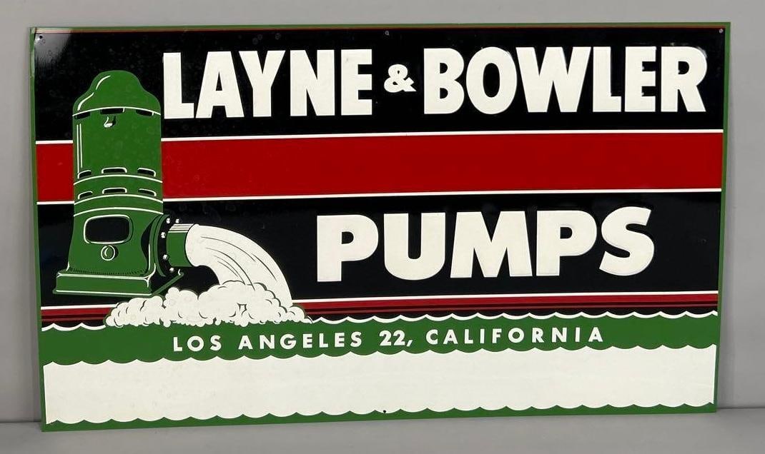 Layne & Bowler Pumps w/Image Metal Sign (TAC): rated 8.9, 18"x30", the SST embossed sign has excellent color and shine, has light paper marks. TAC #062841