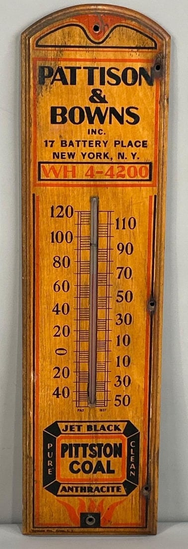 Pittston Coal Wooden Thermometer Sign: Rated 8.75. 4" x 15". This wood thermometer has good color throughout the lettering and logo. Outer edge and field show moderate staining and added holes. Tube working. Rarity 8. TAC # 062054.