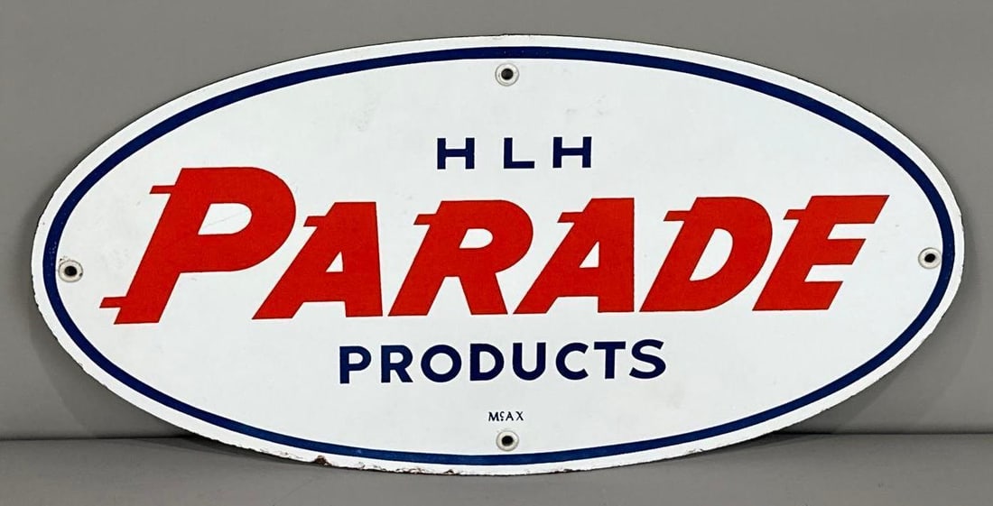 Parade Products Single-Sided Porcelain Sign: (Rated 9). 8" x16". This SSP sign has good color and gloss with light porcelain loss and staining on the outer edge. Rarity 2. TAC #062136.