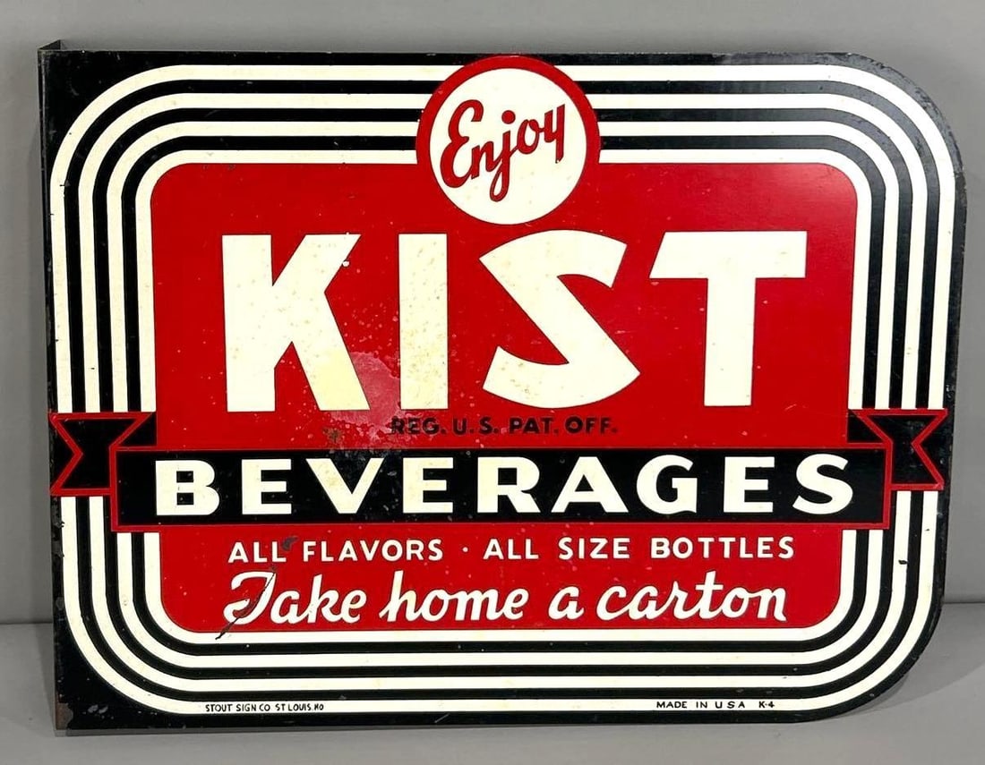 Kist Beverages Painted Metal Flange Sign: (Rated 7.5, 5.5) 13.75" x 18". This DST sign shows surface staining and paint loss in the field. Reverse is still visible with heavy stainign and paint loss. Rarity 2. 