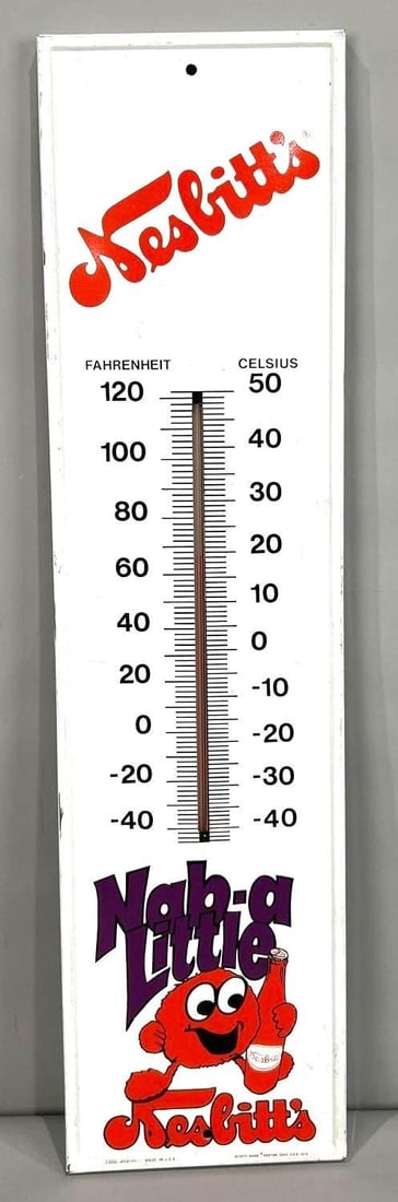 Nesbritt's "Nab-a Little Nesbritt's" Metal Thermometer (TAC): rated 8.75, 28"x7", the rolled edge metal thermometer has good color and shine, has wear around the edges, marked Scioto, dated 1978. Rarity 3. TAC #062880