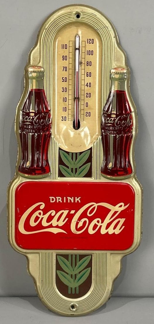 Drink Coca-Cola w/Two Bottle Graphics Metal Thermometer (TAC): rated 8, 16"x7", the embossed metal thermometer has good color, has wear and fine scratches. Rarity 1. TAC #062883