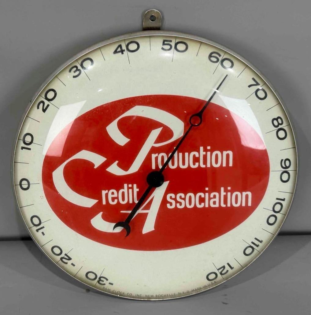 PCA Production Credit Association Round Thermometer: rated 8.5, 12"D., has light soiling, glass bezel.