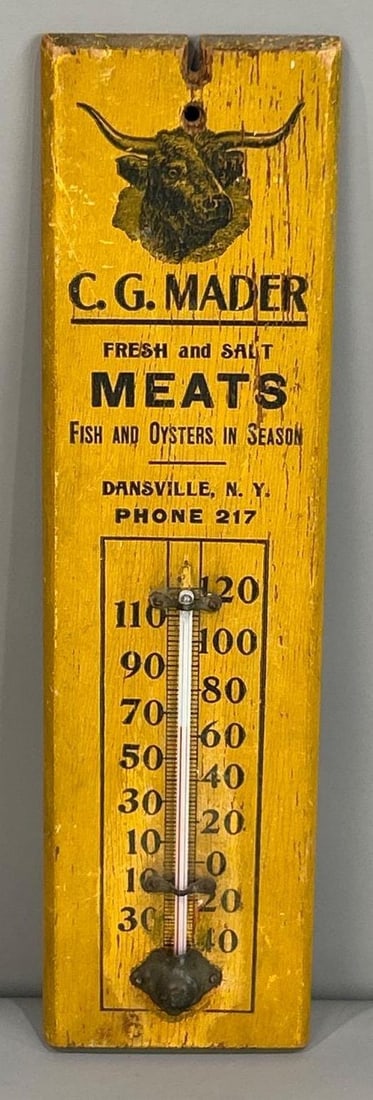 C. G. Mader Meats Wood Thermometer Sign W/ Bull Graphic (1 of 3)