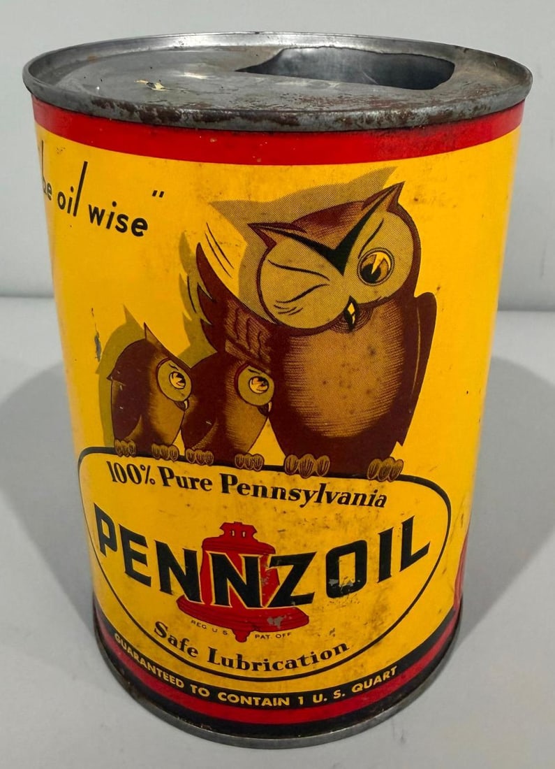 Pennzoil Motor Oil w/ Owls Metal Quart Can: Rate 8, the metal quart can has good color, does show some wear, is empty 