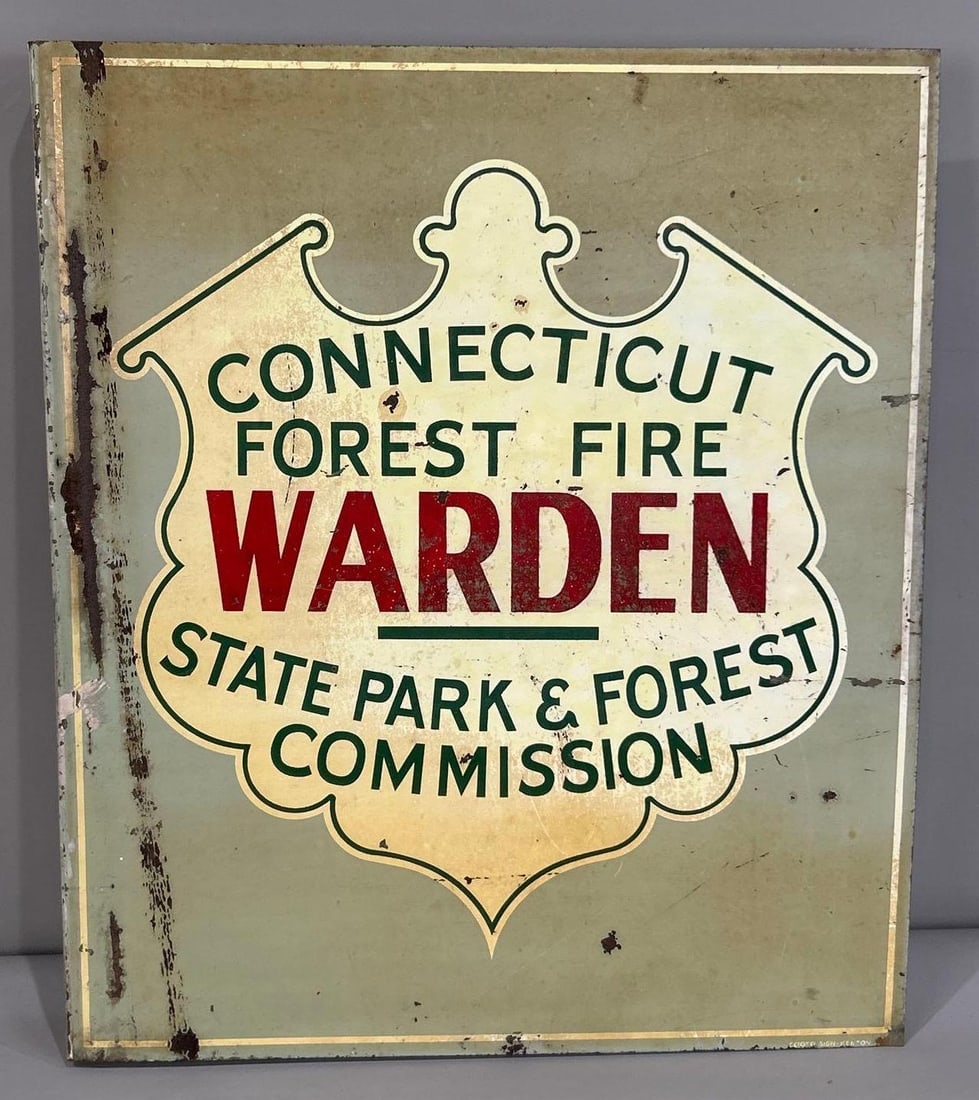 Connecticut Forest Fire Warden Flange Sign: (Rated 6.0, 6.0). 16" x 19". This DST flange sign has significant staining and notable paint loss on both sides. Marked, "Scioto". Rarity 2. 