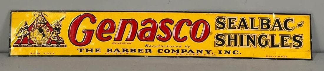 Genasco Sealbac Shingles w/Logo Metal Tacker Sign (TAC): rated 8, 3"x19.75", the SST embossed sign has good color, has minor cease and light wear. TAC #062808