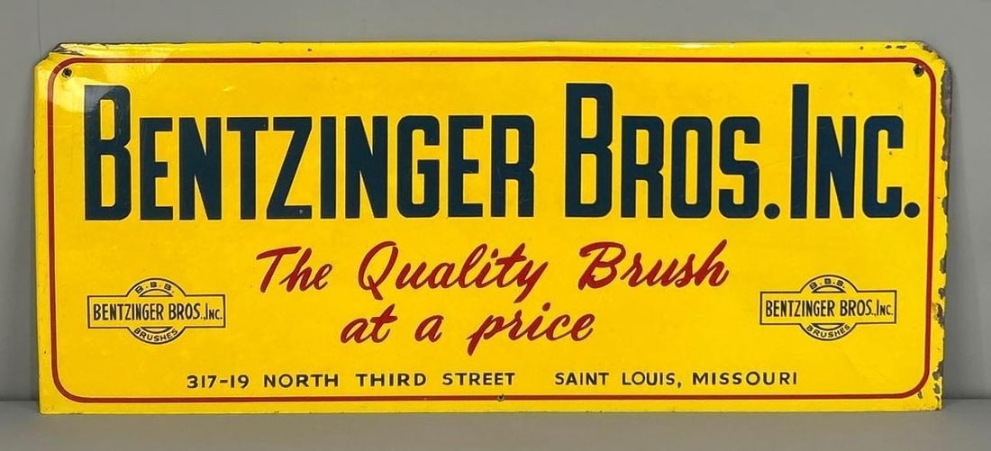 Bentzinger Bros. Inc. Brush at a Price Metal Rack Sign (TAC): rated 8, 8.25"x20", the SST rack sign has good color and shine, has wear along the right-hand edge. TAC #062816
