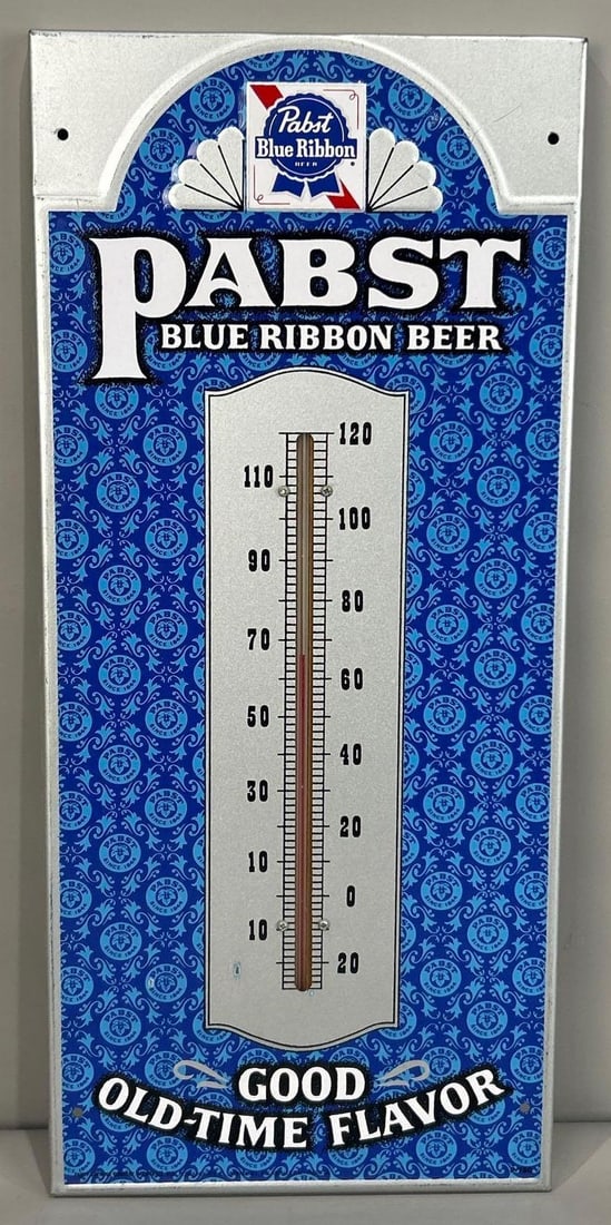 Pabst Blue Ribbon Beer "Good Old-Time Flavor" Metal Thermometer (TAC): rated 9, 20"x9", the rolled edge metal thermometer has good color and shine, tube is good, light wear. Rarity 1. TAC #062879