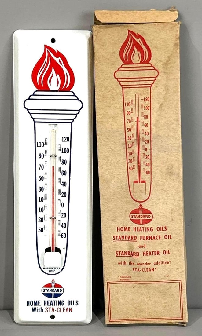 Standard Home Heating Oil Metal Thermometer NIB (TAC): rated 9.5, 11.5"x3", the embossed metal thermometer has excellent color and shine. Rarity 1. TAC #062881