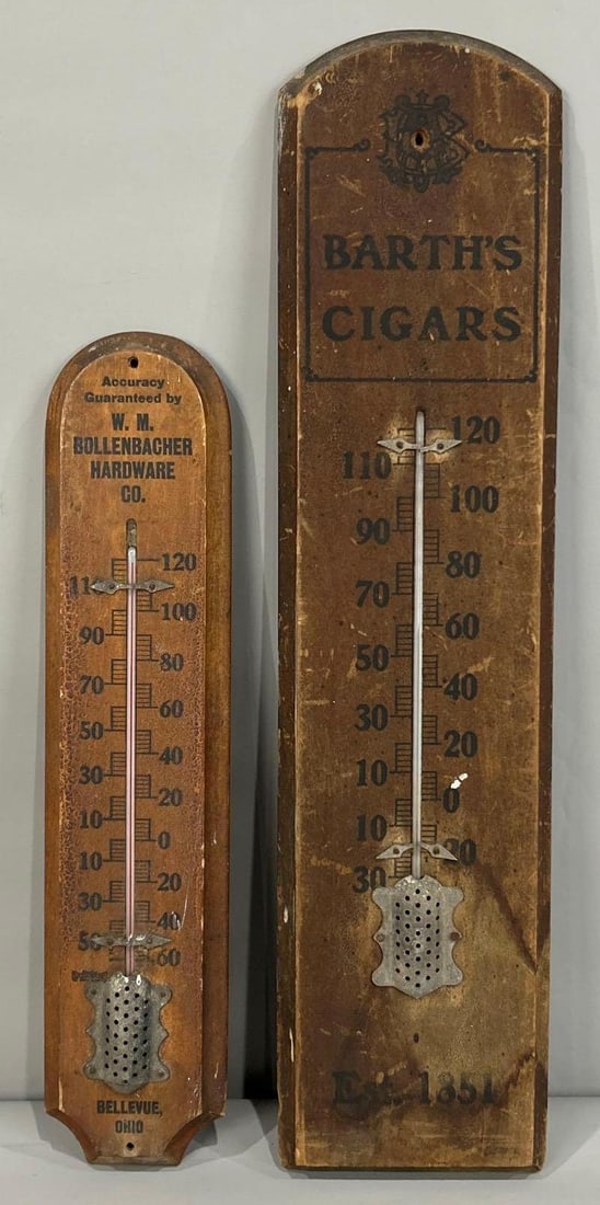 Barth's Cigars & Hardware Wood Thermometers: rated 6, 24"T. or less in size, both have wear and soiling both have bad tubes.