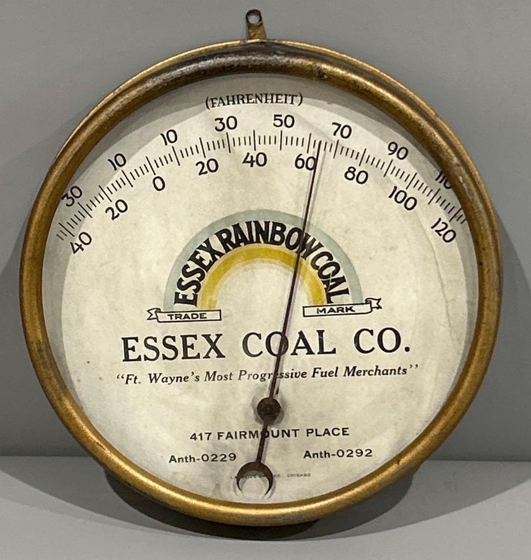 Essex Rainbow Coal Co. Round Metal Thermometer: rated 7.75, 7"D., the face has soiling.