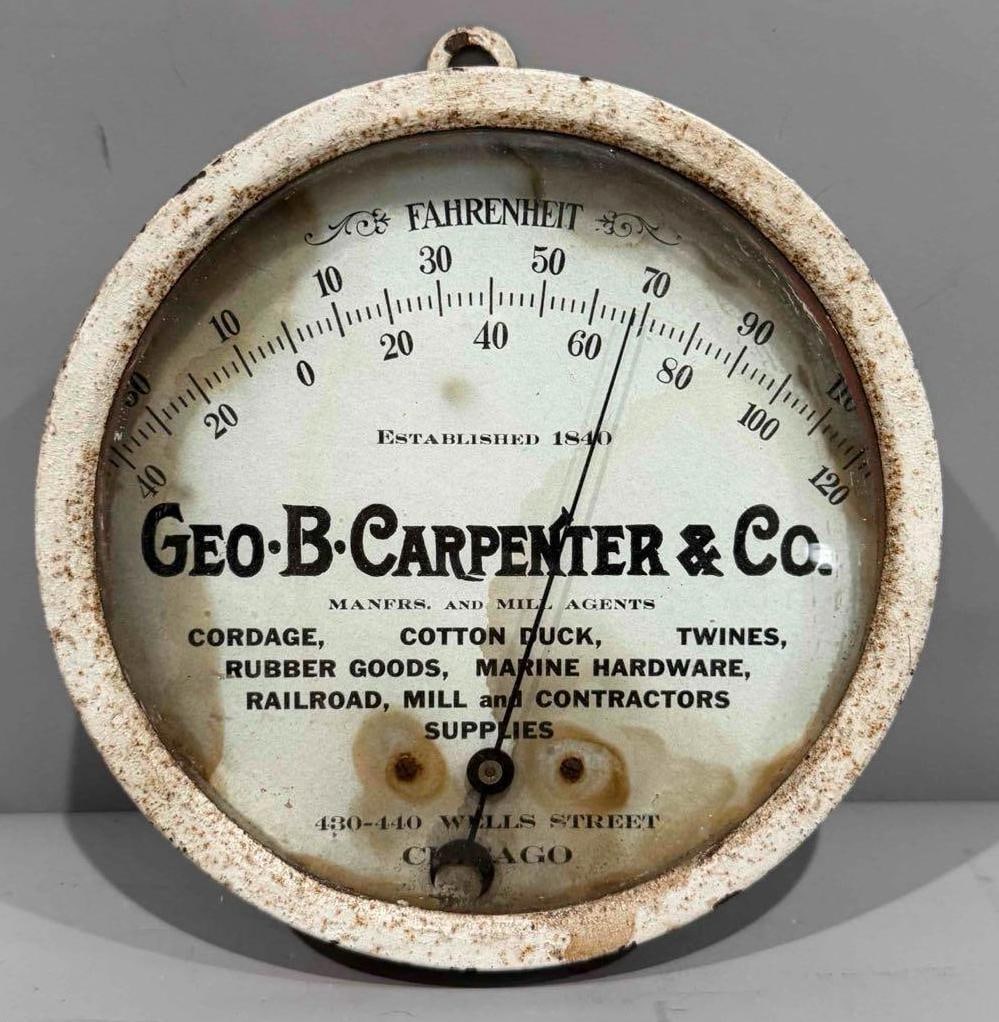 Geo. B. Carpenter & Co. Round Metal Thermometer: rated 6.75, 6"D., the face has water staining.